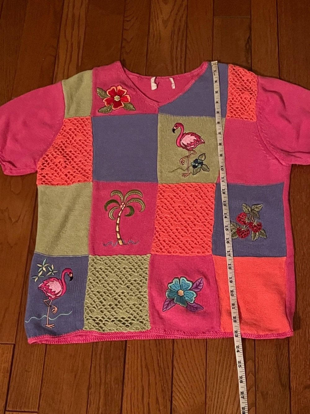 Vintage Tropical Patchwork Embroidered Short Sleeve Sweater M - Picture 6 of 6